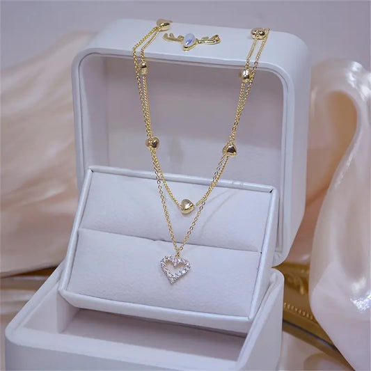 Double-layer Heart Pendant Necklace, Shiny Golden Collarbone Chain for Women